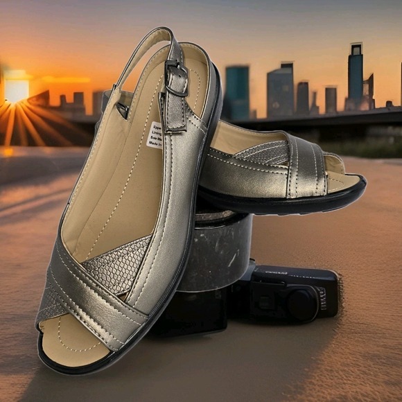 The Unbranded Brand Shoes - PEWTER WOMEN'S  "ANNILISE" SLINGBACK BUCKLE SANDALS SZ:‎ 6M NWOB